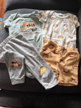 NWOT- 6 Mo. Taco Graphic Mint, Gray & Tan Kids Matching Set